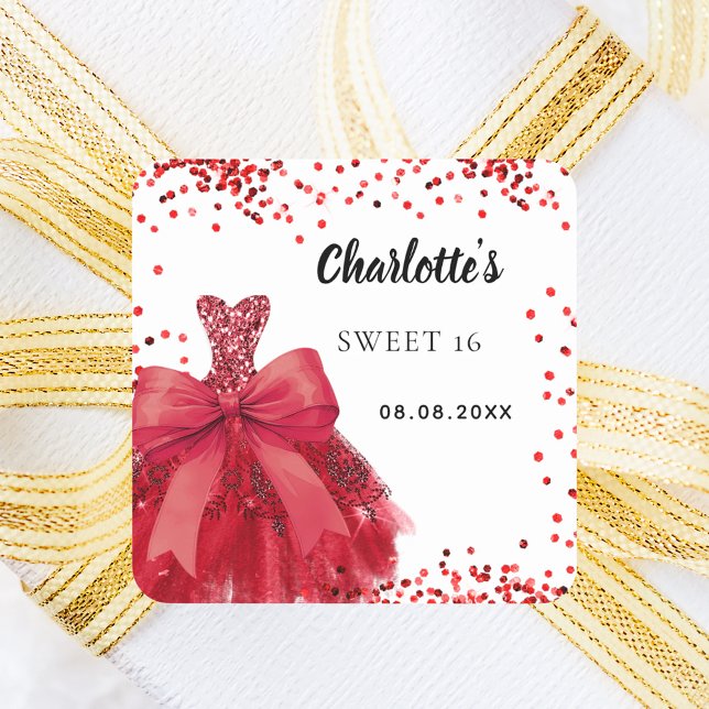 Sweet 16 red dress bow white square sticker (Creator Uploaded)