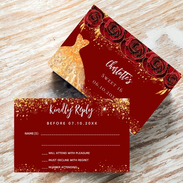 Sweet 16 red dress flowers gold RSVP card (Creator Uploaded)