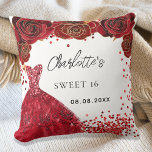 Sweet 16 red dress flowers white cushion<br><div class="desc">For a Sweet 16,  16th birthday party.  A white background with red confetti,  a dress and red roses,  florals.  The name is written with a modern hand lettered style script.  Personalise and add your name and a date.</div>