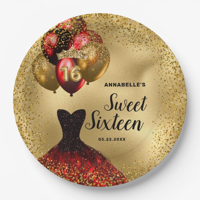 Sweet 16 Red Dress Gold Glitter 16th Birthday Paper Plate (Front)