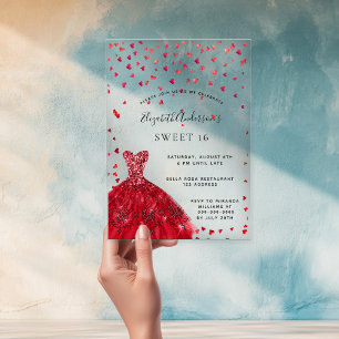 Sweet 16 red dress hearts clear acrylic invitations
