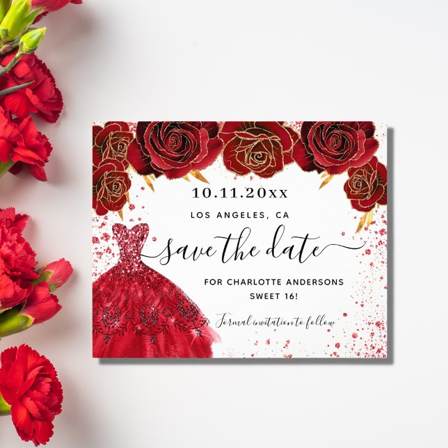 Sweet 16 red dress white budget save the date (Creator Uploaded)
