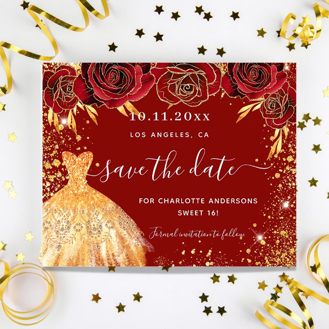 Sweet 16 red gold dress budget save the date flyer (Creator Uploaded)