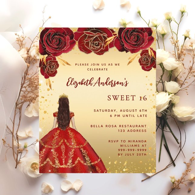 Sweet 16 red gold dress florals invitations (Creator Uploaded)