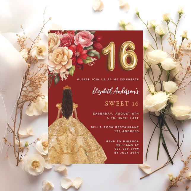 Sweet 16 red gold dress florals roses invitation (Creator Uploaded)