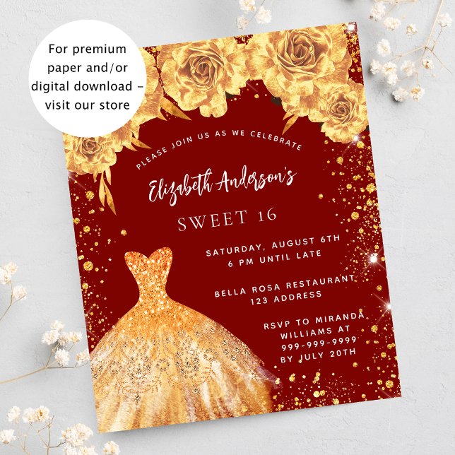 Sweet 16 red gold dress rose budget invitation flyer (Creator Uploaded)