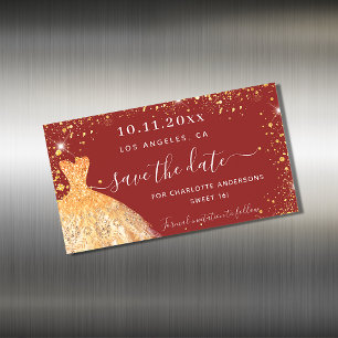 Sweet 16 red gold dress save the date magnet