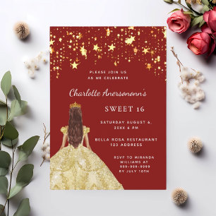 Sweet 16 red gold dress stars invitation