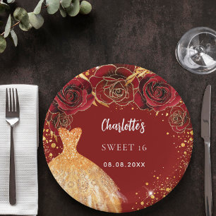 Sweet 16 red gold glitter dress floral paper plate
