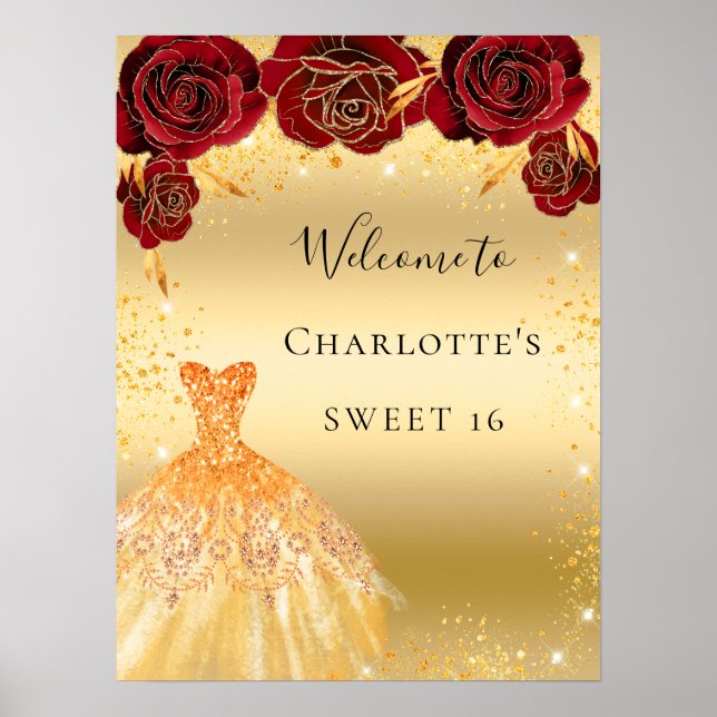 Sweet 16 red gold glitter dress floral welcome poster (Front)