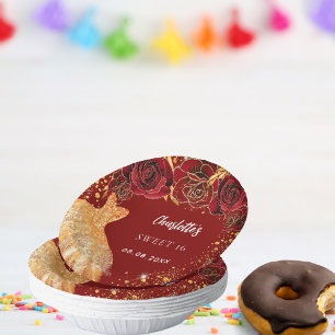 Sweet 16 red gold glitter dress flowers paper plate