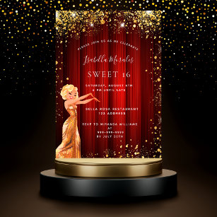 Sweet 16 red gold glitter dress movie party invitation