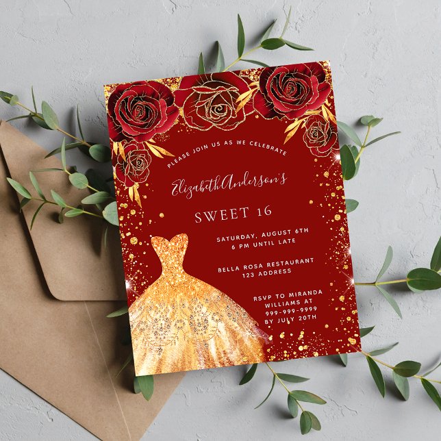 Sweet 16 red gold glitter floral budget invitation flyer (Creator Uploaded)