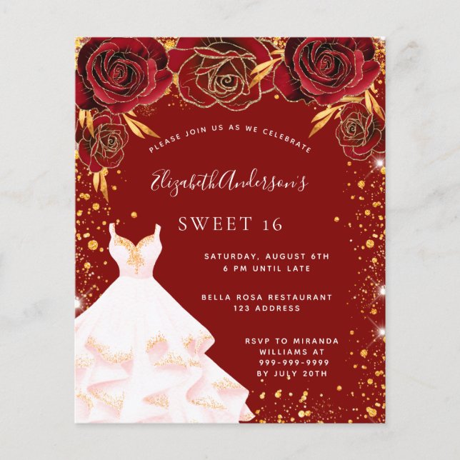Sweet 16 red gold white dress budget invitation flyer (Front)
