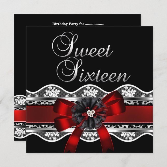 Sweet 16 Red Lace Silver Black Leopard Birthday Invitation (Front/Back)