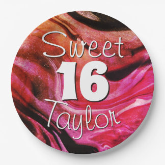 Sweet 16 Red & Orange Marble Personalized Paper Plate
