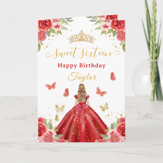 Sweet 16 Red Princess Blonde Girl Card (Front)