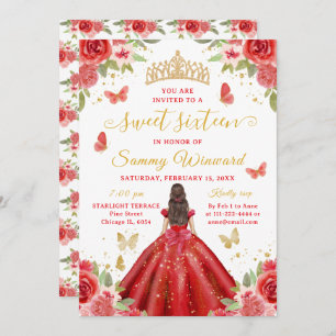 Sweet 16 Red Princess Brunette Girl Invitation
