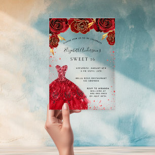 Sweet 16 red roses dress glitter clear acrylic invitations