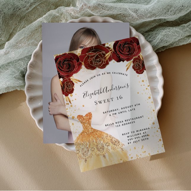 Sweet 16 red roses gold dress glitter vellum invitations (Creator Uploaded)