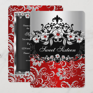 Sweet 16 Red Silver Black Floral Jewel Party Invitation