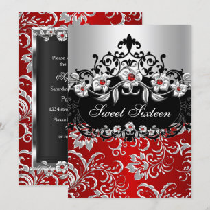 Sweet 16 Red Silver Black Floral Jewel Party Invitation