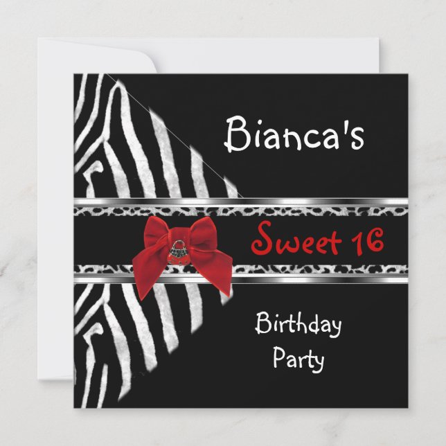Sweet 16 Red Silver Black Zebra Leopard Birthday Invitation (Front)