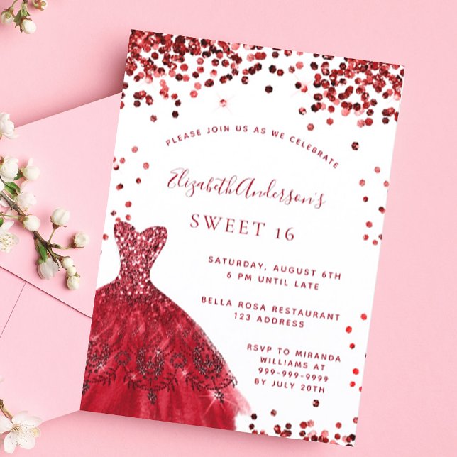 Sweet 16 red white dress elegant invitation (Creator Uploaded)
