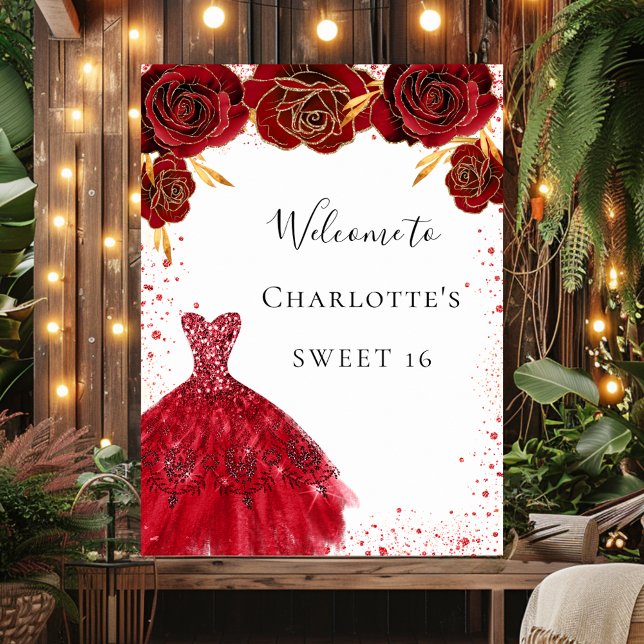 Sweet 16 red white glitter dress floral welcome poster (Creator Uploaded)
