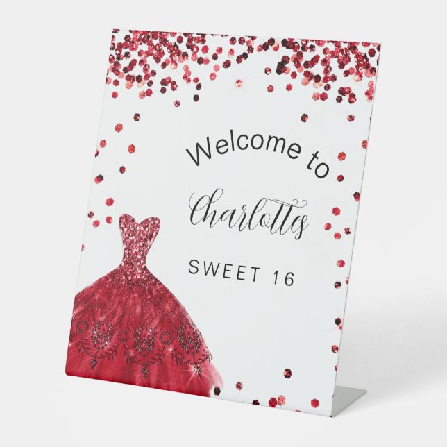Sweet 16 red white glitter dress welcome pedestal sign (Front)