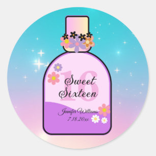 sweet 16 retro perfume bottle pink purple girly classic round sticker