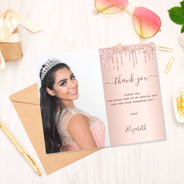 Sweet 16 rose blush photo thank you card (Creator Uploaded)