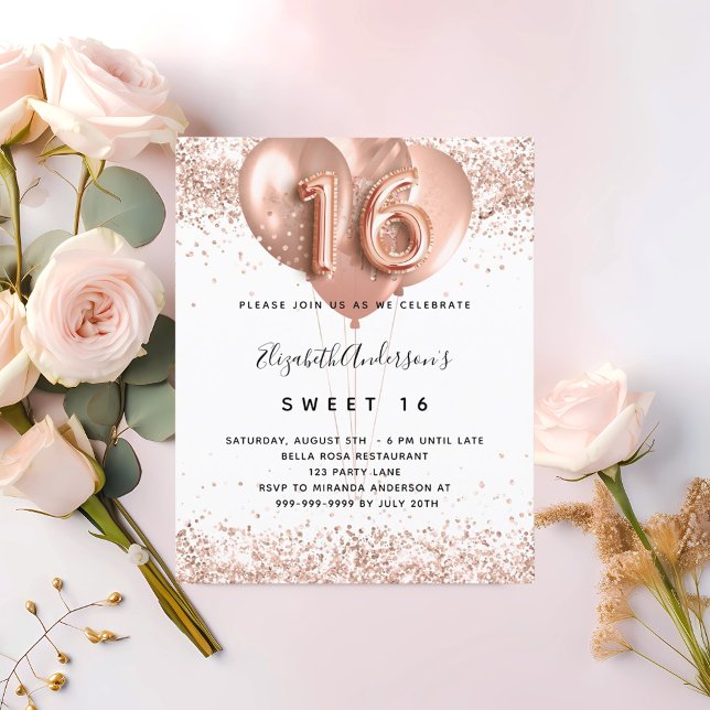 Sweet 16 rose gold balloons budget invitation flyer (Creator Uploaded)