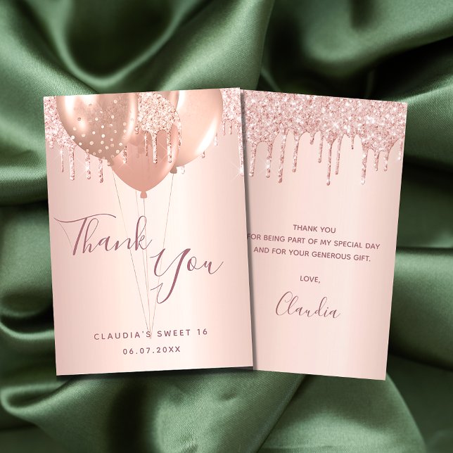 Sweet 16 rose gold blush drips balloons thank you card (Creator Uploaded)