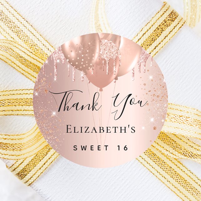 Sweet 16 rose gold blush glitter balloon Thank You Classic Round Sticker (Creator Uploaded)