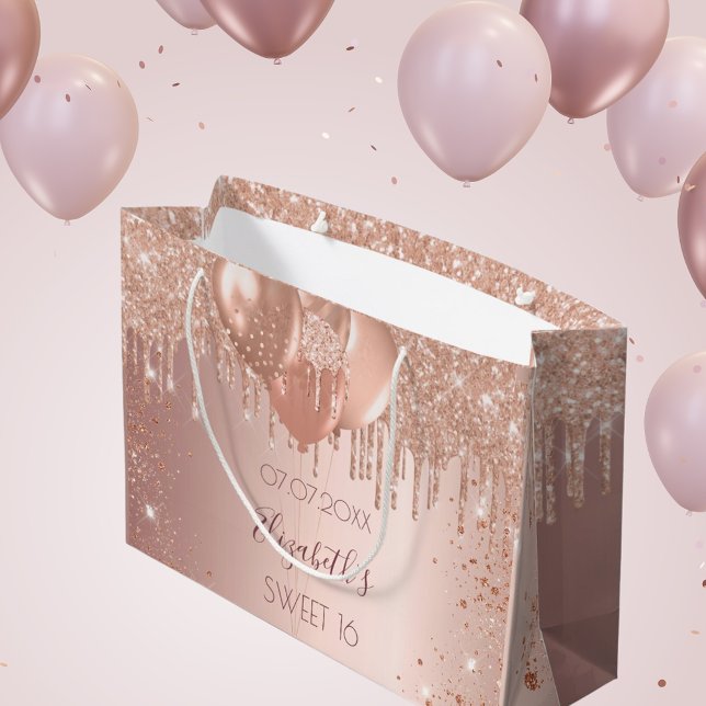 Sweet 16 rose gold blush glitter balloons large gift bag (Creator Uploaded)