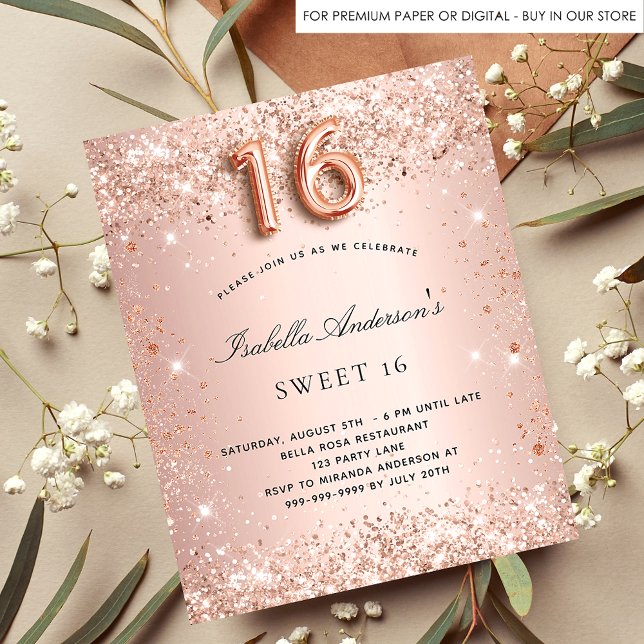 Sweet 16 rose gold blush glitter budget invitation flyer (Creator Uploaded)