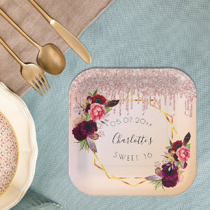 Sweet 16 rose gold blush glitter floral geometric paper plate