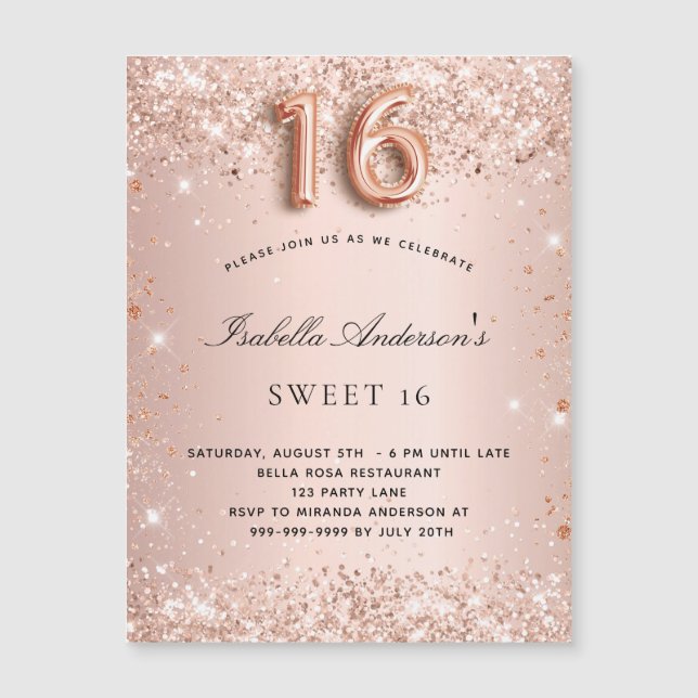 Sweet 16 rose gold blush glitter magnet invitation (Front)