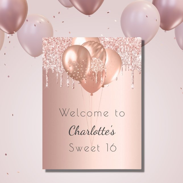 Sweet 16 rose gold blush glitter welcome party poster (Creator Uploaded)