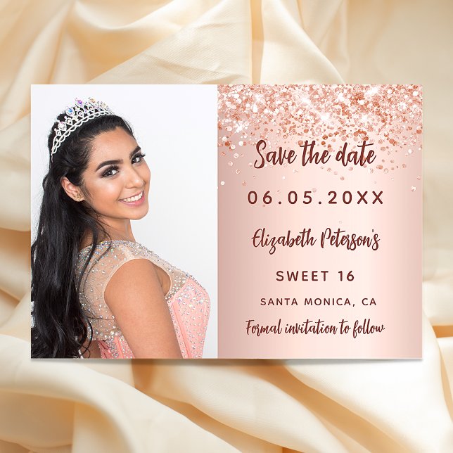 Sweet 16 rose gold blush photo confetti save the date (Creator Uploaded)