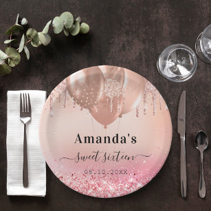 Sweet 16 rose gold blush pink glitter name paper plate