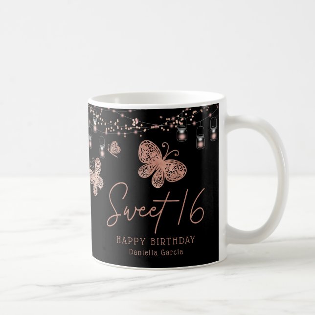Sweet 16 Rose Gold Butterfly Chic Modern Birthday Coffee Mug (Right)
