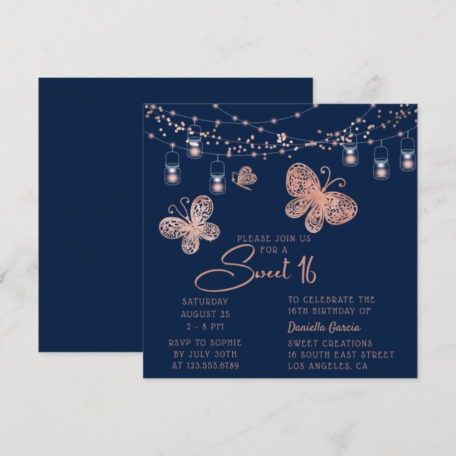 Sweet 16 Rose Gold Butterfly Chic Modern Birthday Invitation (Front/Back)
