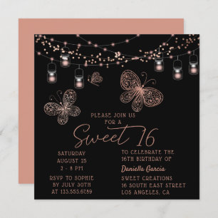 Sweet 16 Rose Gold Butterfly Chic Modern Birthday Invitation