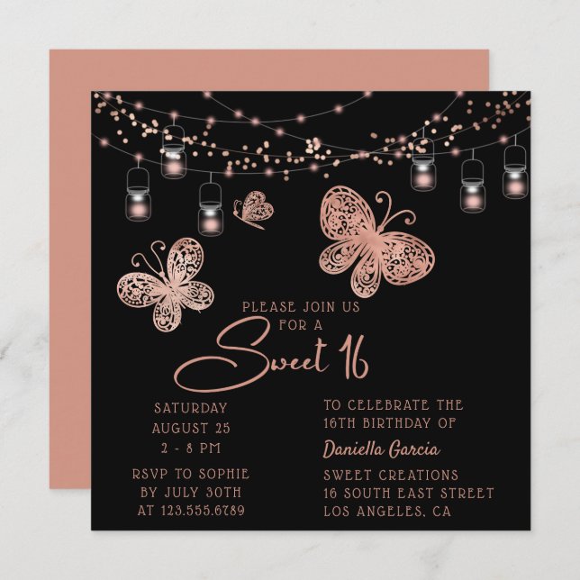Sweet 16 Rose Gold Butterfly Chic Modern Birthday Invitation (Front/Back)