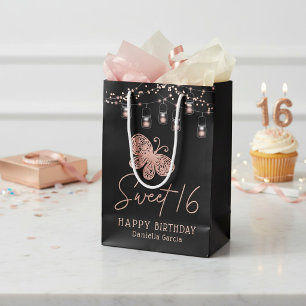 Sweet 16 Rose Gold Butterfly Chic Modern Birthday Medium Gift Bag