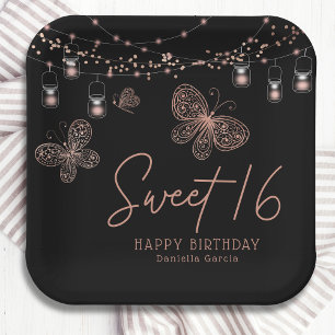 Sweet 16 Rose Gold Butterfly Chic Modern Birthday Paper Plate