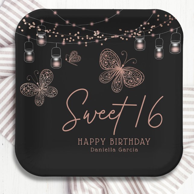 Sweet 16 Rose Gold Butterfly Chic Modern Birthday Paper Plate (Creator Uploaded)