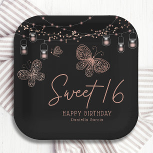 Sweet 16 Rose Gold Butterfly Chic Modern Birthday  Paper Plate